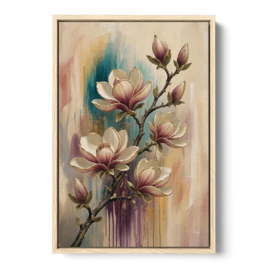 Magnolia Canvas Print in Ivory and Gold - Oak Framed Canvas Wall Art - Front