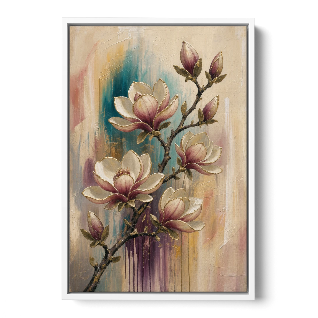 Magnolia Canvas Print in Ivory and Gold - White Framed Canvas Wall Art - Front