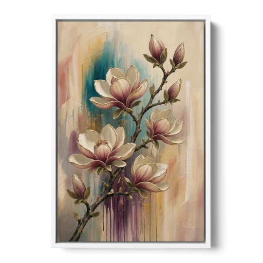 Magnolia Canvas Print in Ivory and Gold - White Framed Canvas Wall Art - Front
