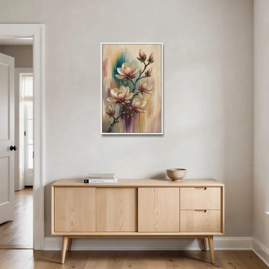 Magnolia Canvas Print in Ivory and Gold - White Framed Canvas Wall Art - Coffee Table - 24x36