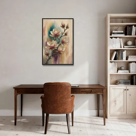 Magnolia Canvas Print in Ivory and Gold - Black Framed Canvas Wall Art - Office - 24x36