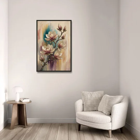 Magnolia Canvas Print in Ivory and Gold - Black Framed Canvas Wall Art - Sofa - 24x36