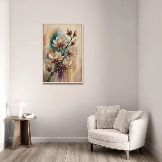 Magnolia Canvas Print in Ivory and Gold - Oak Framed Canvas Wall Art - Sofa - 24x36