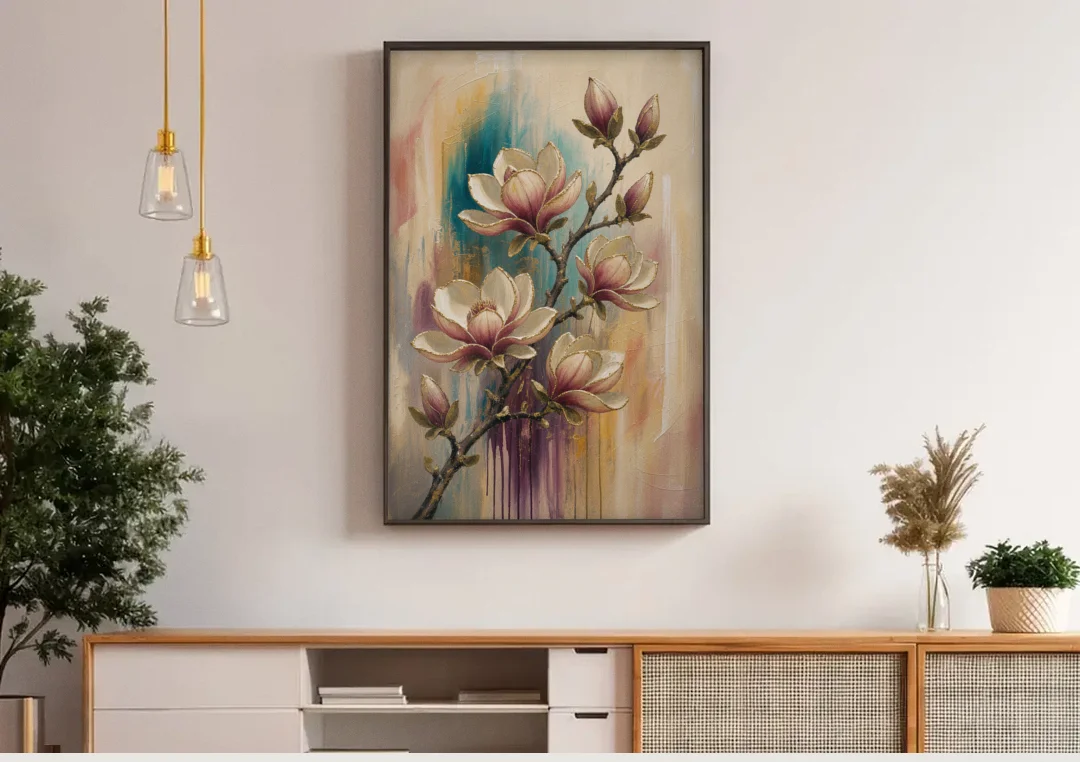 Magnolia Canvas Print in Ivory and Gold canvas wall art above a wooden sideboard under pendant lights