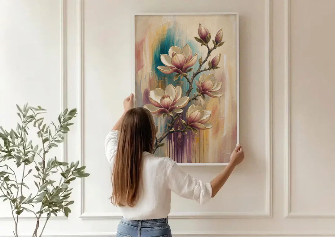 Magnolia Canvas Print in Ivory and Gold canvas wall art being hung on a paneled wall
