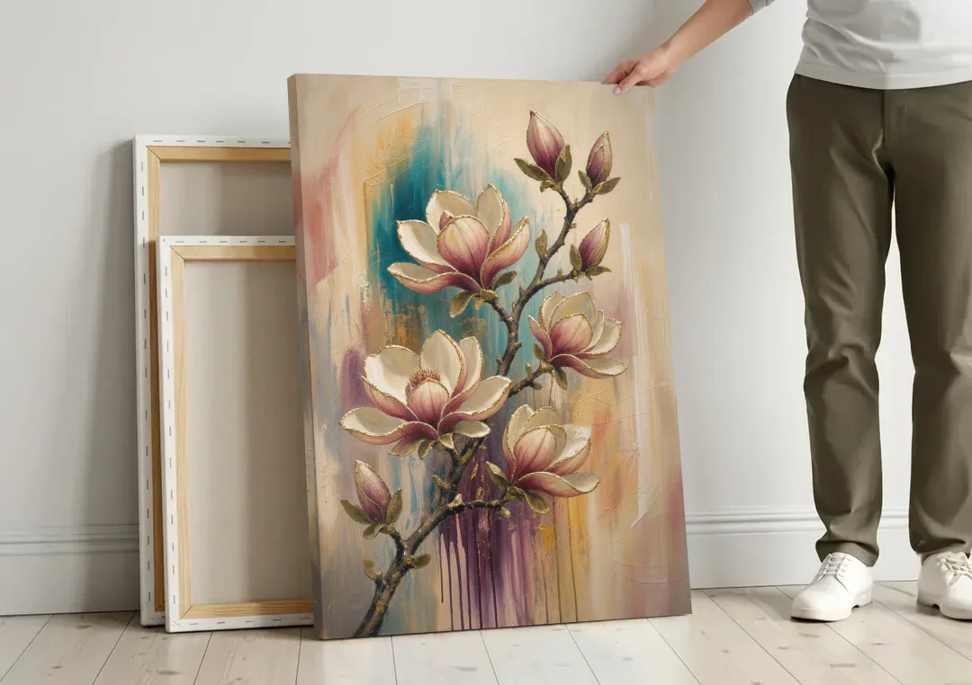Magnolia Canvas Print in Ivory and Gold canvas wall art leaning against a wall next to blank canvases