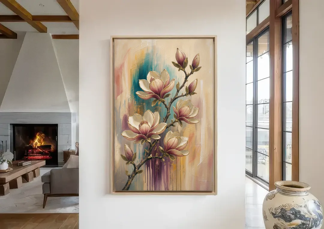 Magnolia Canvas Print in Ivory and Gold canvas wall art in a living room with a fireplace