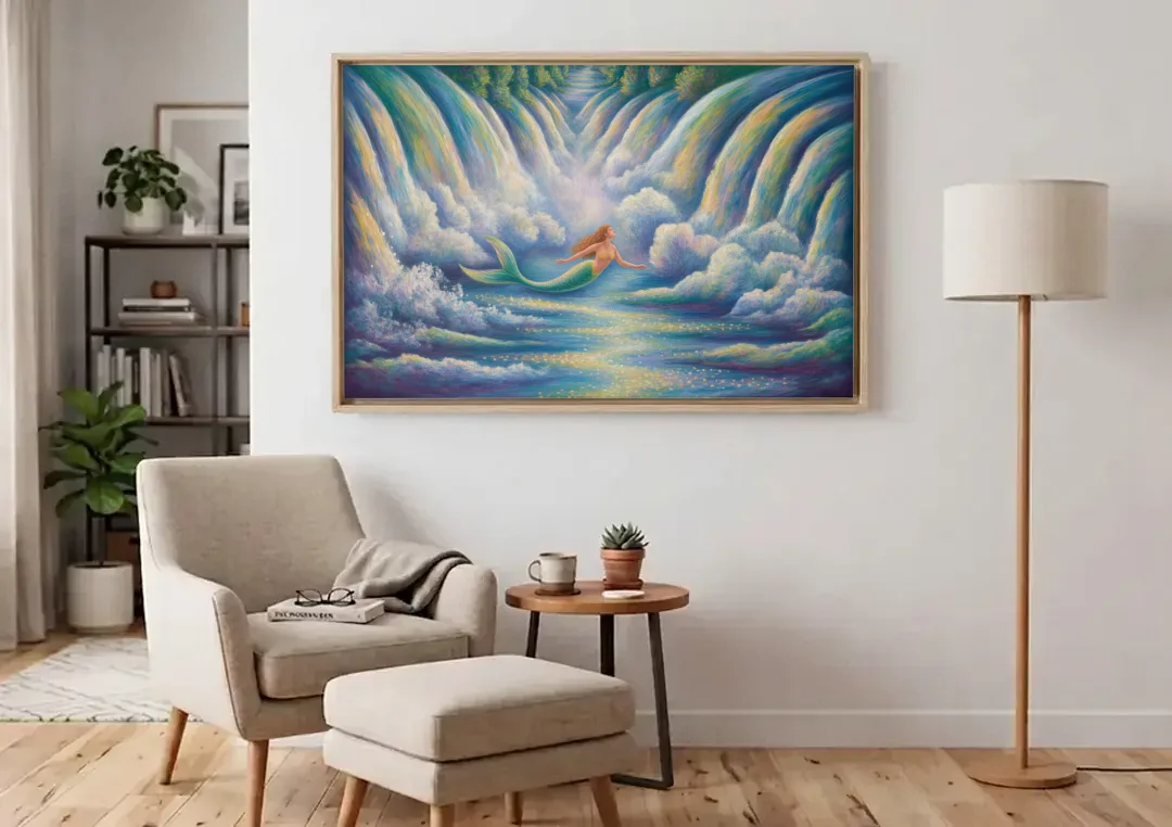Maid of the Mist Journey canvas wall art above an armchair in a bright living room