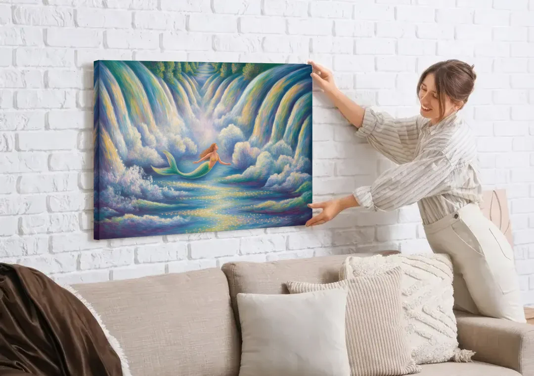 Maid of the Mist Journey canvas wall art being hung on a white brick wall above a sofa