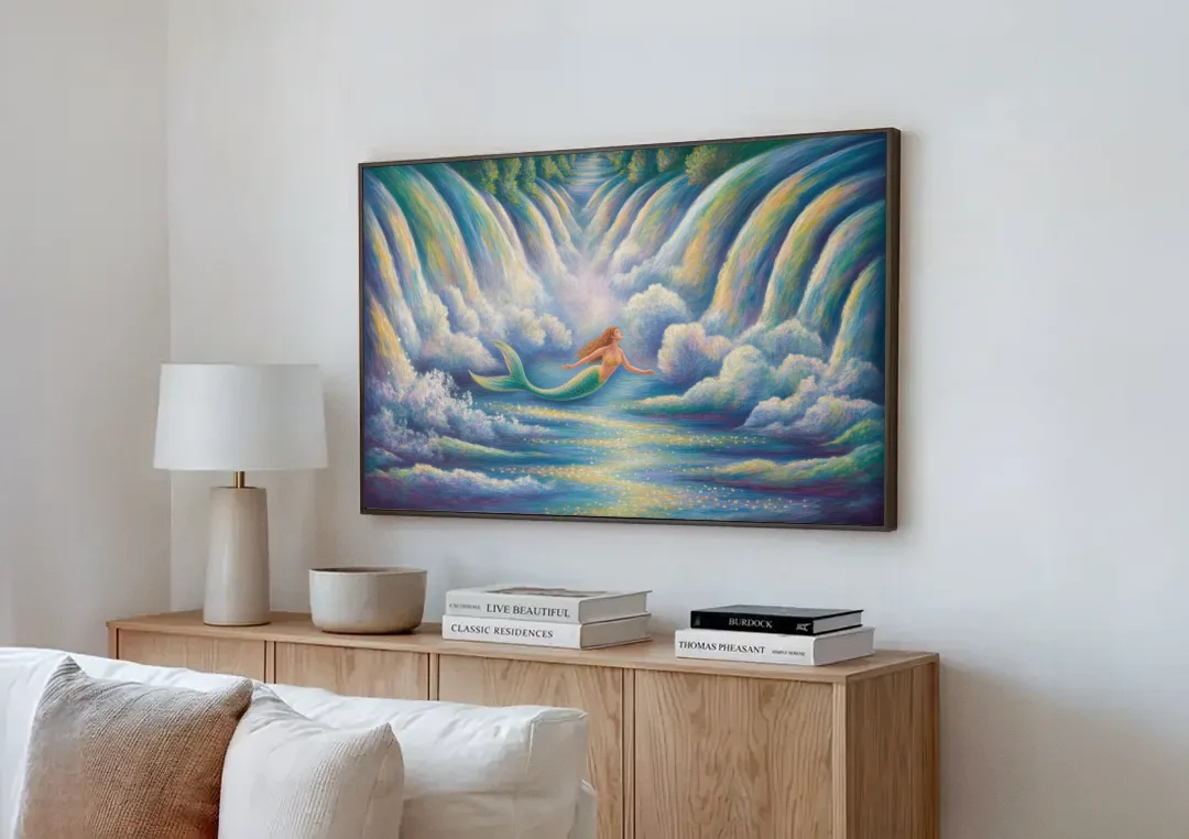 Maid of the Mist Journey canvas wall art above a wooden sideboard next to a sofa