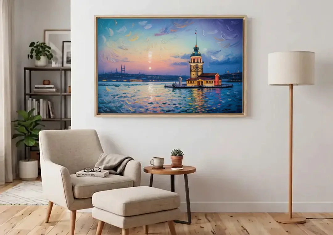 Maiden's Tower Mystery canvas wall art above an armchair in a bright living room
