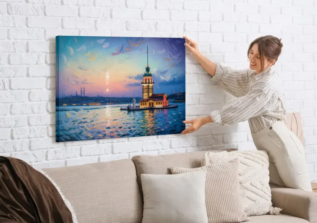 Maiden's Tower Mystery canvas wall art being hung on a white brick wall above a sofa
