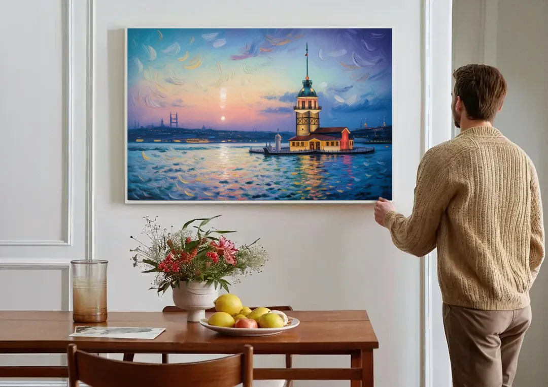 Maiden's Tower Mystery canvas wall art above a dining table
