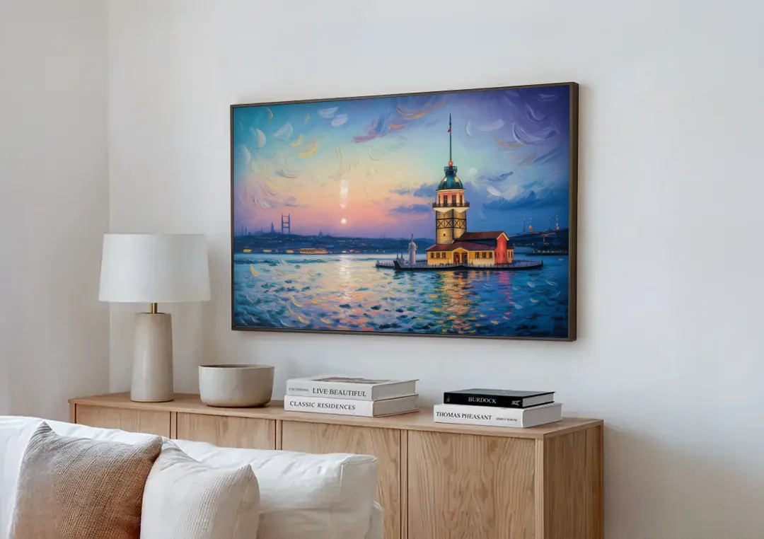 Maiden's Tower Mystery canvas wall art above a wooden sideboard next to a sofa