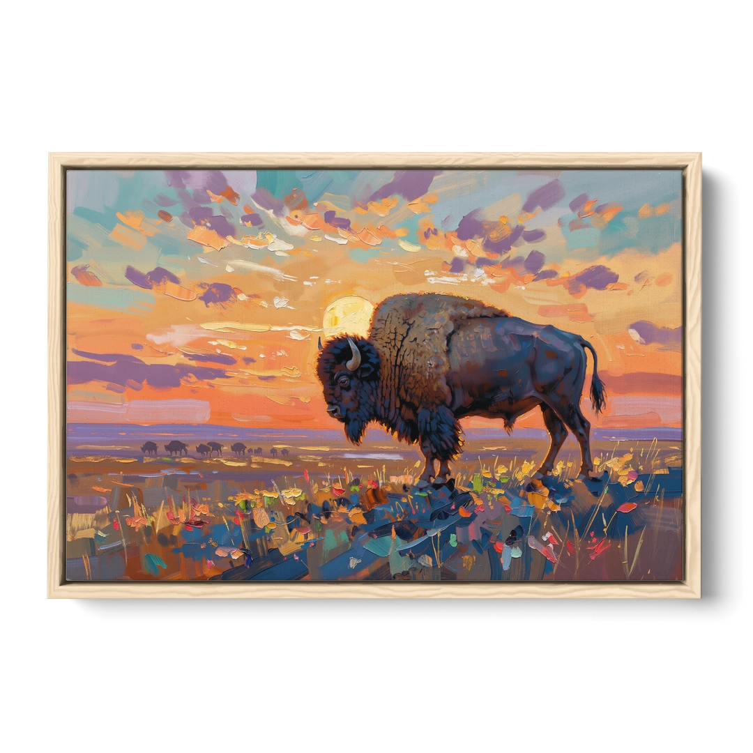 Majestic Buffalo Silhouette - Oak Framed Canvas Wall Art - Front