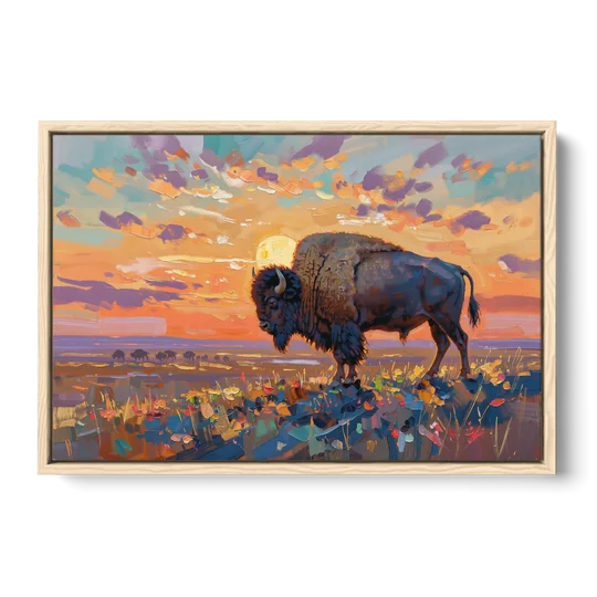 Majestic Buffalo Silhouette - Oak Framed Canvas Wall Art - Front