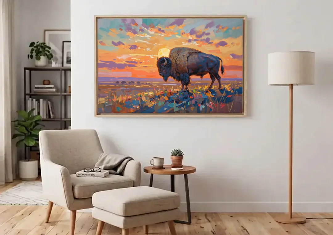 Majestic Buffalo Silhouette canvas wall art above an armchair in a bright living room