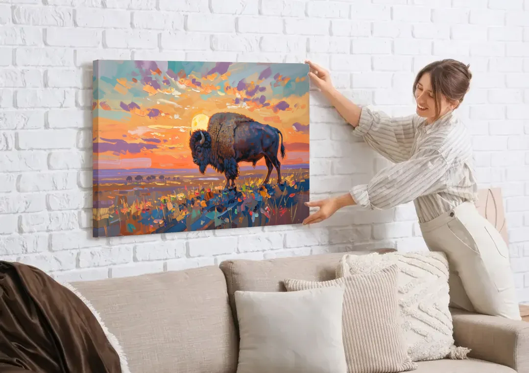 Majestic Buffalo Silhouette canvas wall art being hung on a white brick wall above a sofa