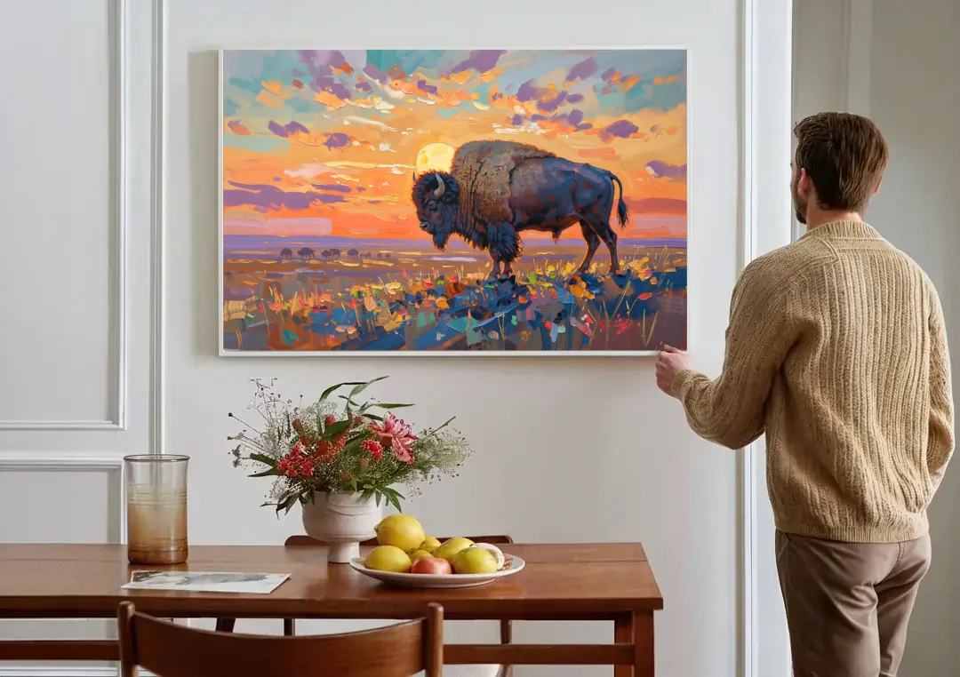 Majestic Buffalo Silhouette canvas wall art above a dining table