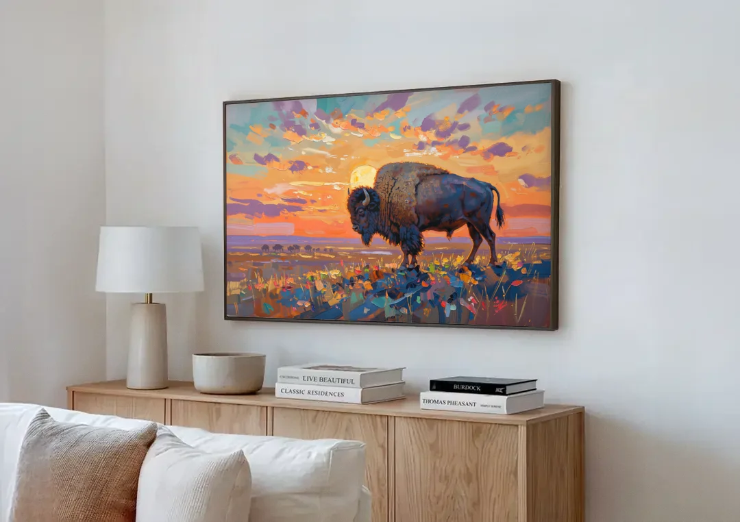 Majestic Buffalo Silhouette canvas wall art above a wooden sideboard next to a sofa
