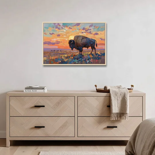 Majestic Buffalo Silhouette - Oak Framed Canvas Wall Art - Coffee Table - 36x24