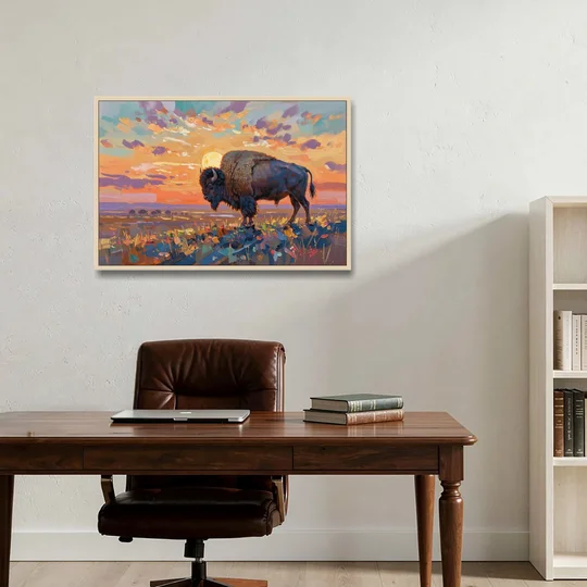 Majestic Buffalo Silhouette - Oak Framed Canvas Wall Art - Office - 36x24