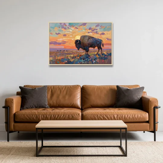 Majestic Buffalo Silhouette - Oak Framed Canvas Wall Art - Sofa - 36x24