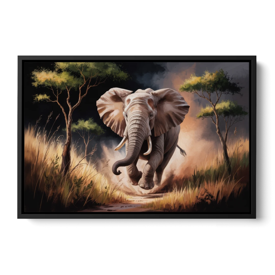 Majestic Elephant Charge - Black Framed Canvas Wall Art - Front