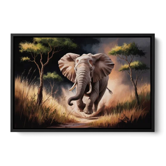 Majestic Elephant Charge - Black Framed Canvas Wall Art - Front