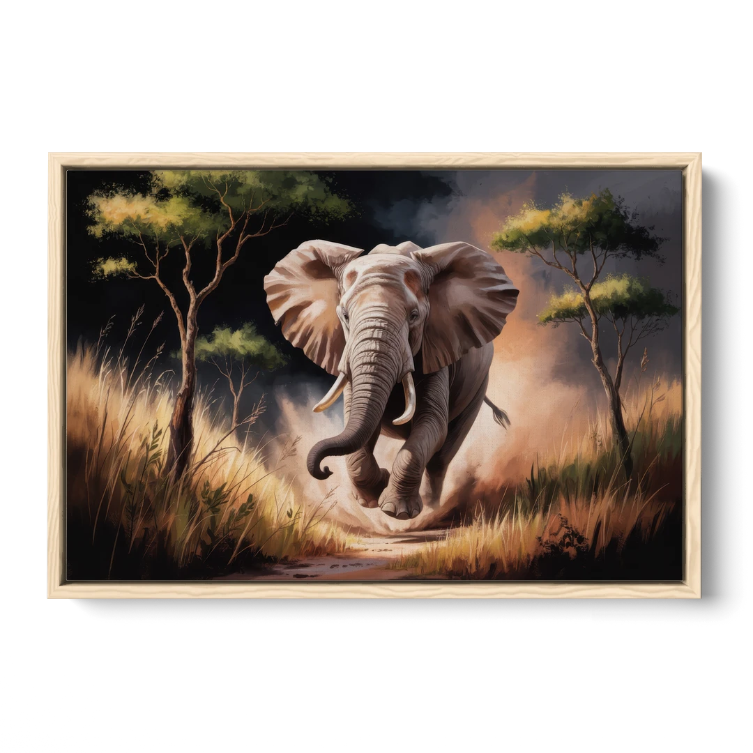 Majestic Elephant Charge - Oak Framed Canvas Wall Art - Front