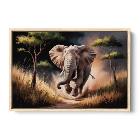 Majestic Elephant Charge - Oak Framed Canvas Wall Art - Front