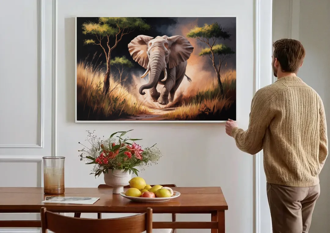 Majestic Elephant Charge canvas wall art above a dining table