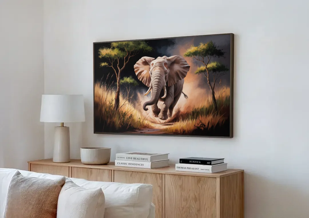 Majestic Elephant Charge canvas wall art above a wooden sideboard next to a sofa