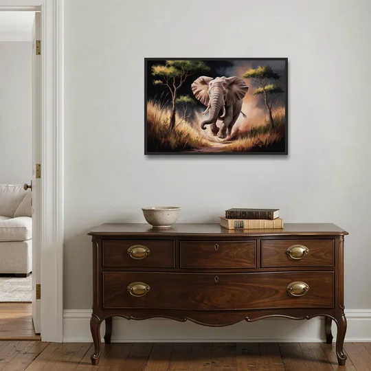 Majestic Elephant Charge - Black Framed Canvas Wall Art - Coffee Table - 36x24