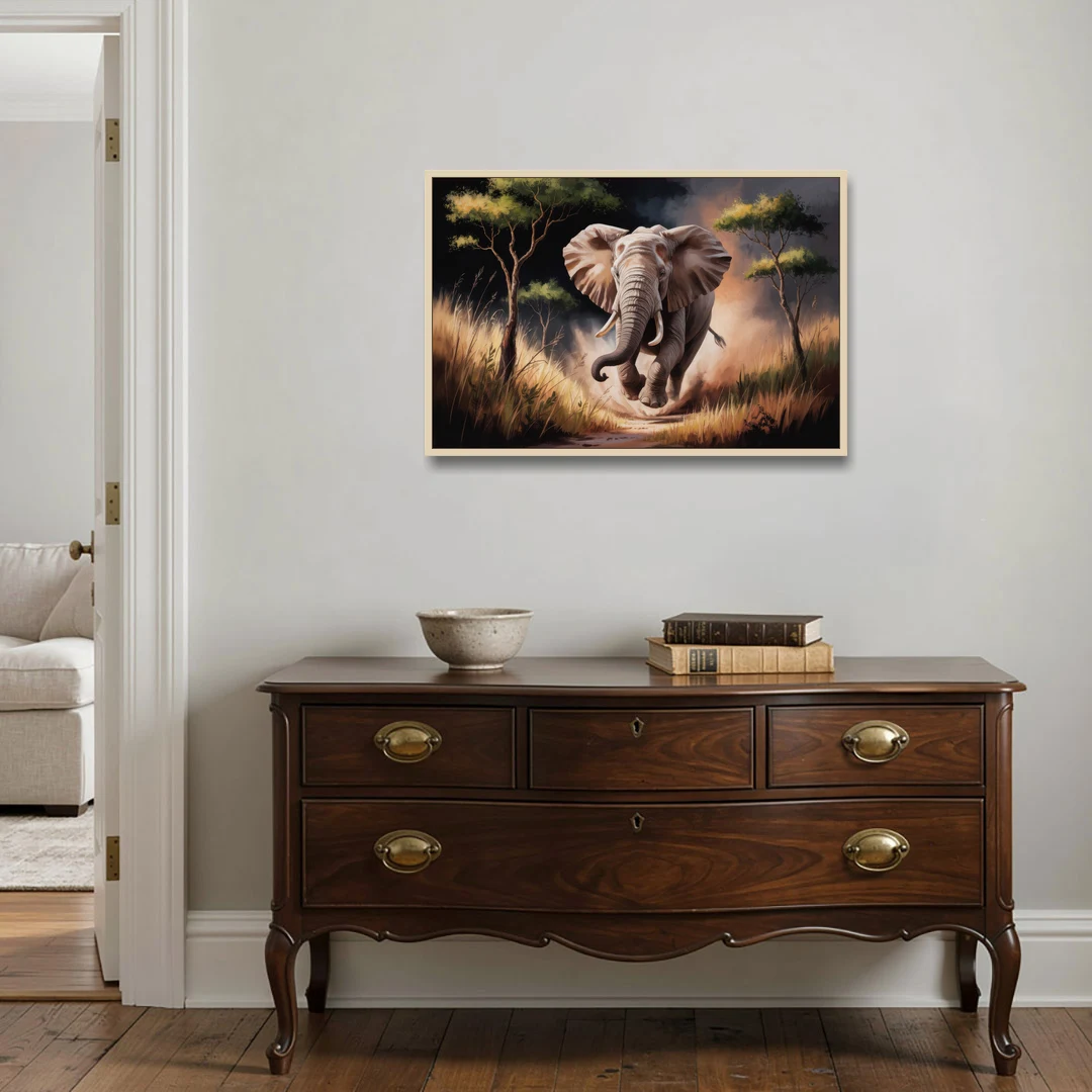 Majestic Elephant Charge - Oak Framed Canvas Wall Art - Coffee Table - 36x24