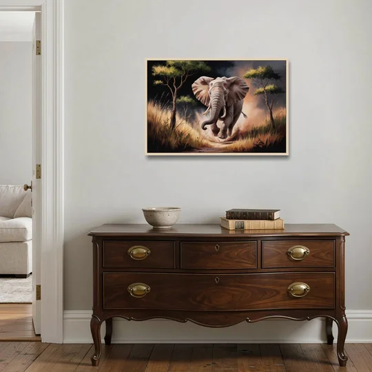 Majestic Elephant Charge - Oak Framed Canvas Wall Art - Coffee Table - 36x24