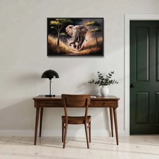 Majestic Elephant Charge - Black Framed Canvas Wall Art - Office - 36x24