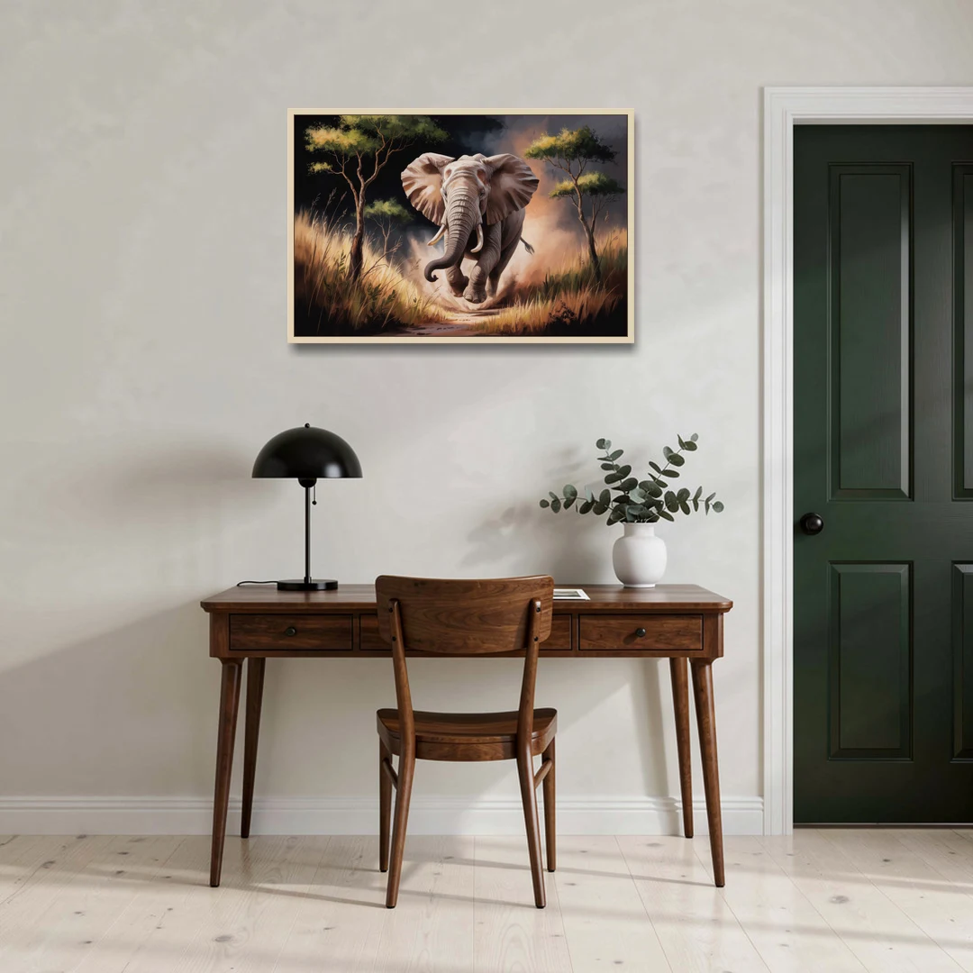 Majestic Elephant Charge - Oak Framed Canvas Wall Art - Office - 36x24