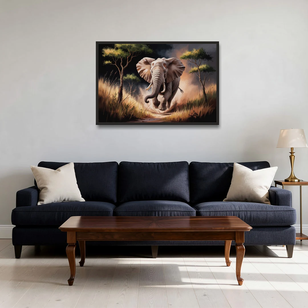 Majestic Elephant Charge - Black Framed Canvas Wall Art - Sofa - 36x24