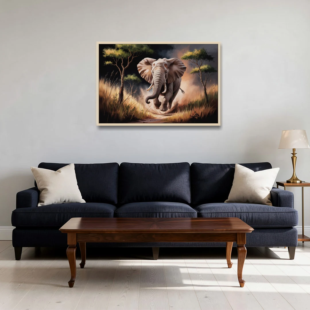 Majestic Elephant Charge - Oak Framed Canvas Wall Art - Sofa - 36x24