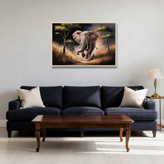 Majestic Elephant Charge - Oak Framed Canvas Wall Art - Sofa - 36x24