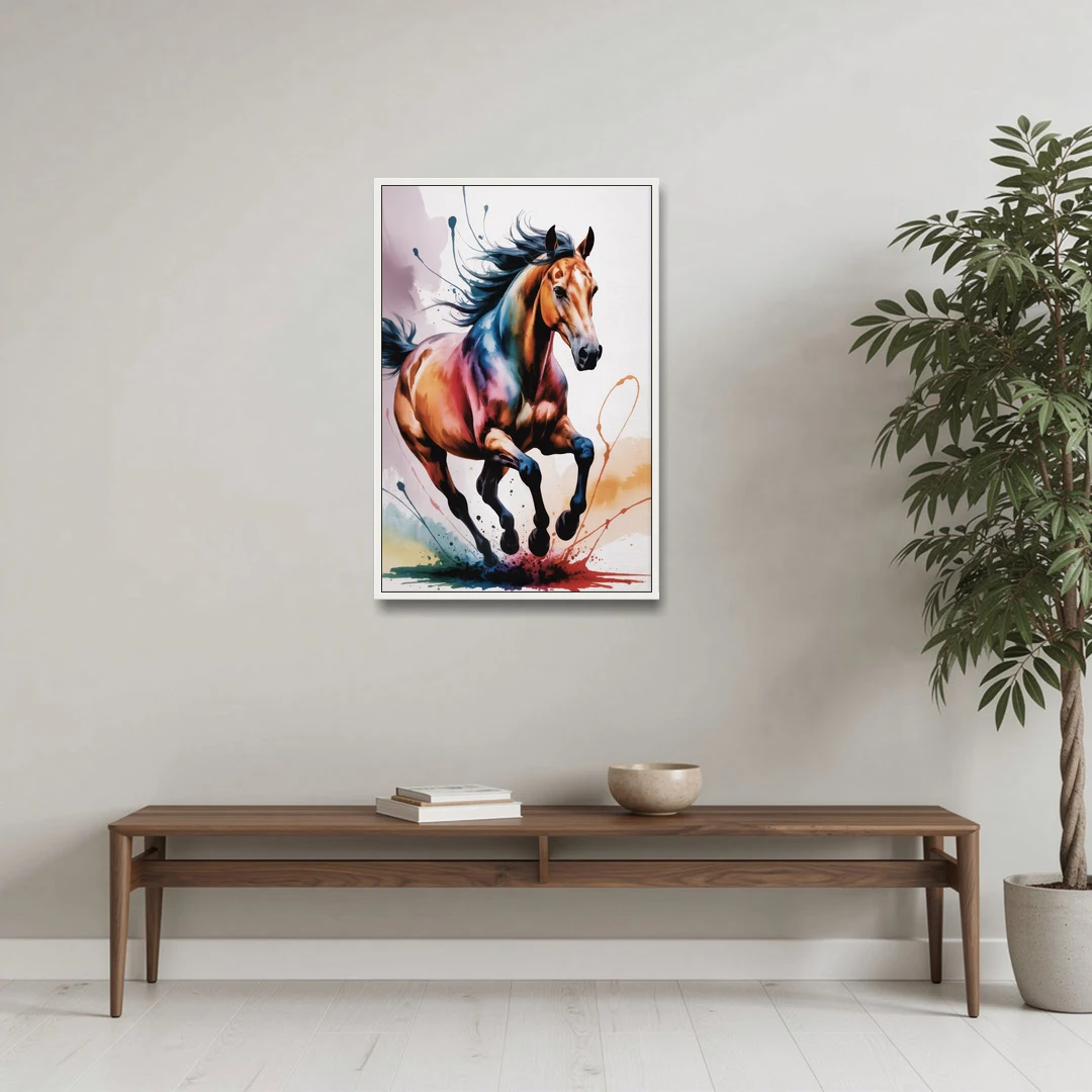 Majestic Galloping Horse - White Framed Canvas Wall Art - Coffee Table - 24x36