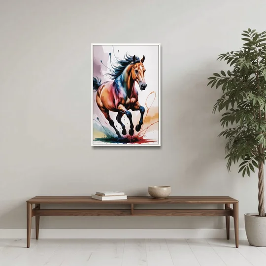 Majestic Galloping Horse - White Framed Canvas Wall Art - Coffee Table - 24x36