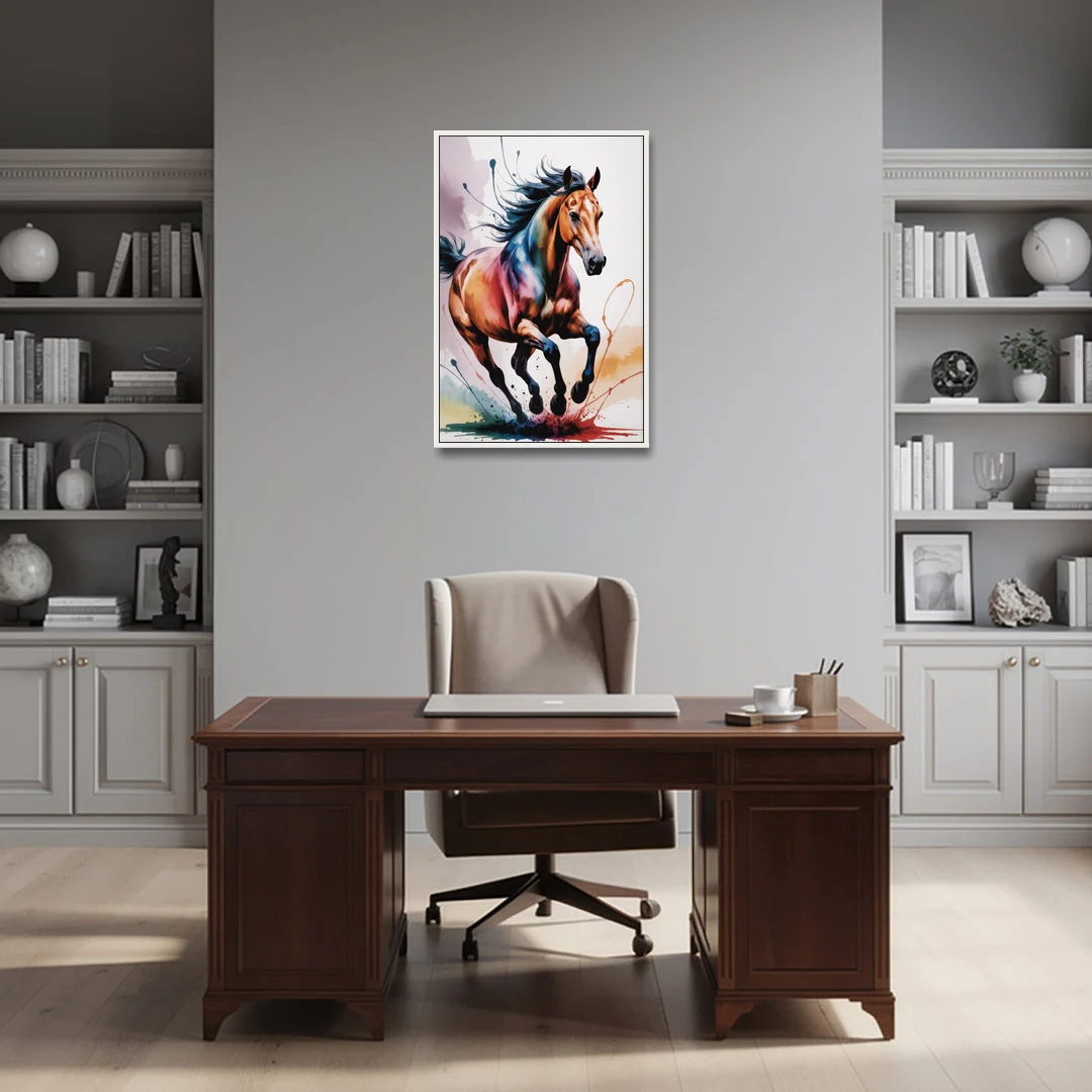 Majestic Galloping Horse - White Framed Canvas Wall Art - Office - 24x36