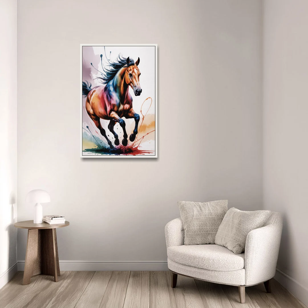 Majestic Galloping Horse - White Framed Canvas Wall Art - Sofa - 24x36