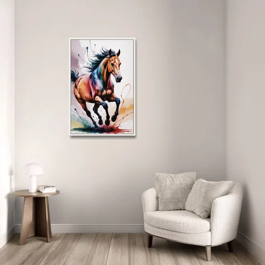 Majestic Galloping Horse - White Framed Canvas Wall Art - Sofa - 24x36