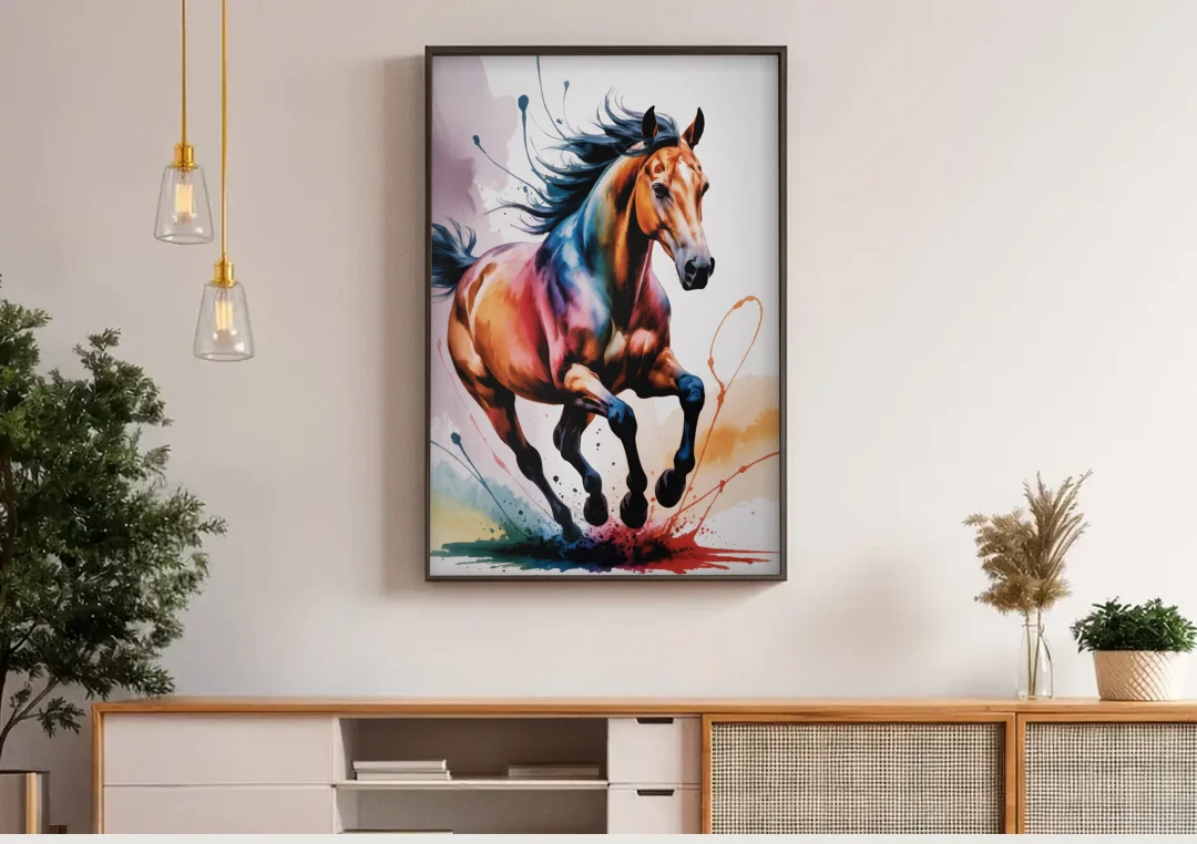 Majestic Galloping Horse canvas wall art above a wooden sideboard under pendant lights