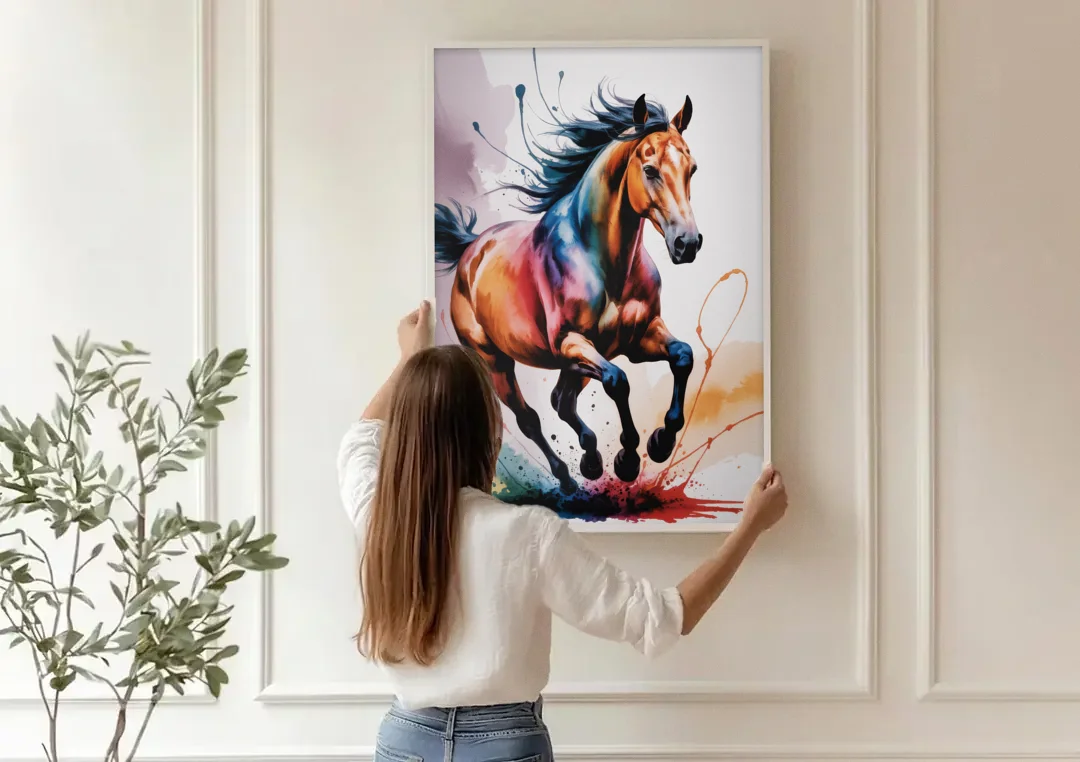 Majestic Galloping Horse canvas wall art being hung on a paneled wall