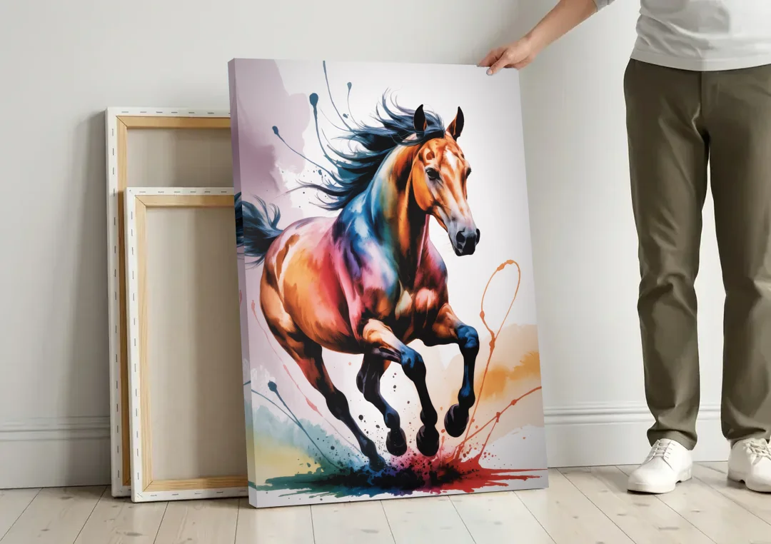 Majestic Galloping Horse canvas wall art leaning against a wall next to blank canvases