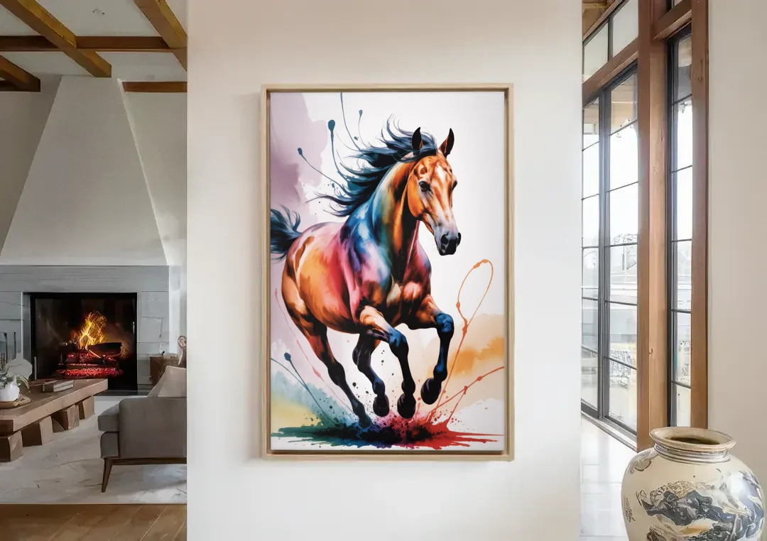 Majestic Galloping Horse canvas wall art in a living room with a fireplace